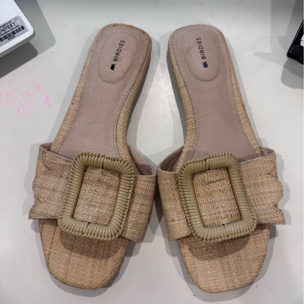 Birdies Neutral Raffia Slide Sandals with Woven Buckle